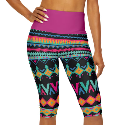 Pink, Black Tribal Print Yoga Capri Pants for Women