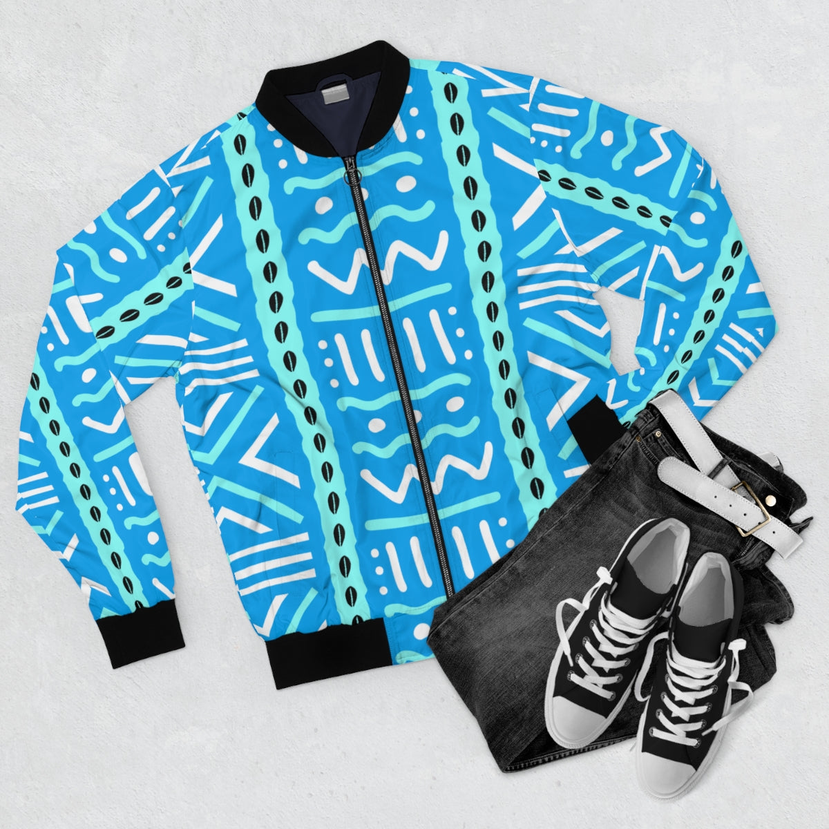 Mudcloth Blue and White Print Bomber Jacket