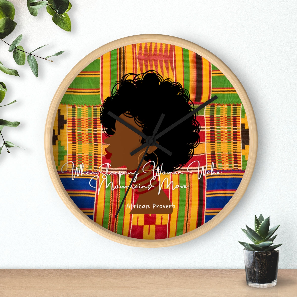 Afro Lady Kente Print Green Wall Clock