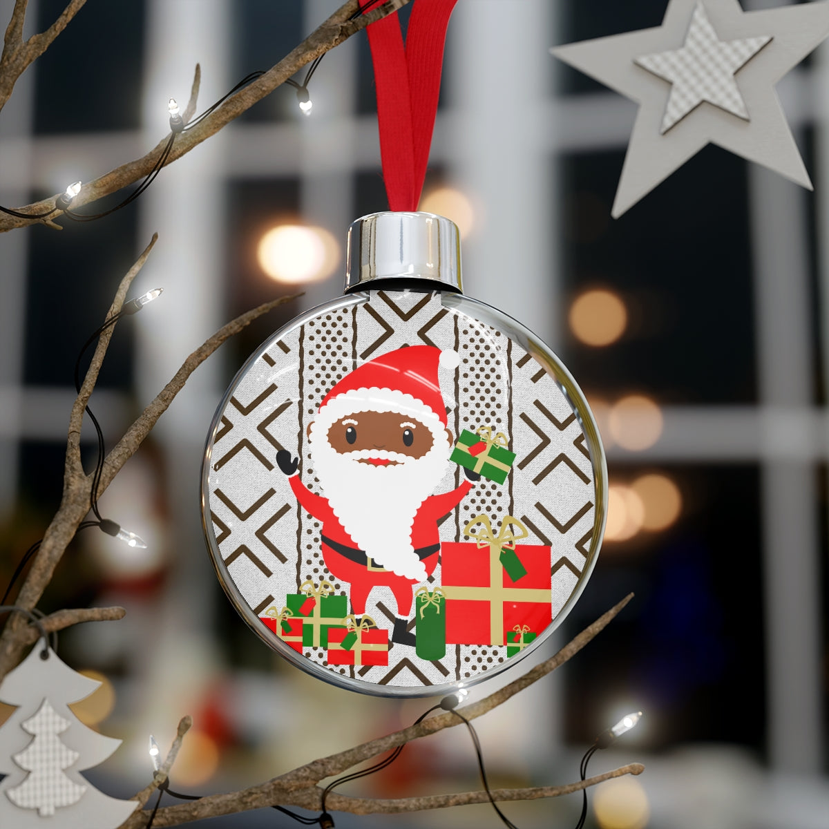 Black Santa With Presents Round Christmas Ornament