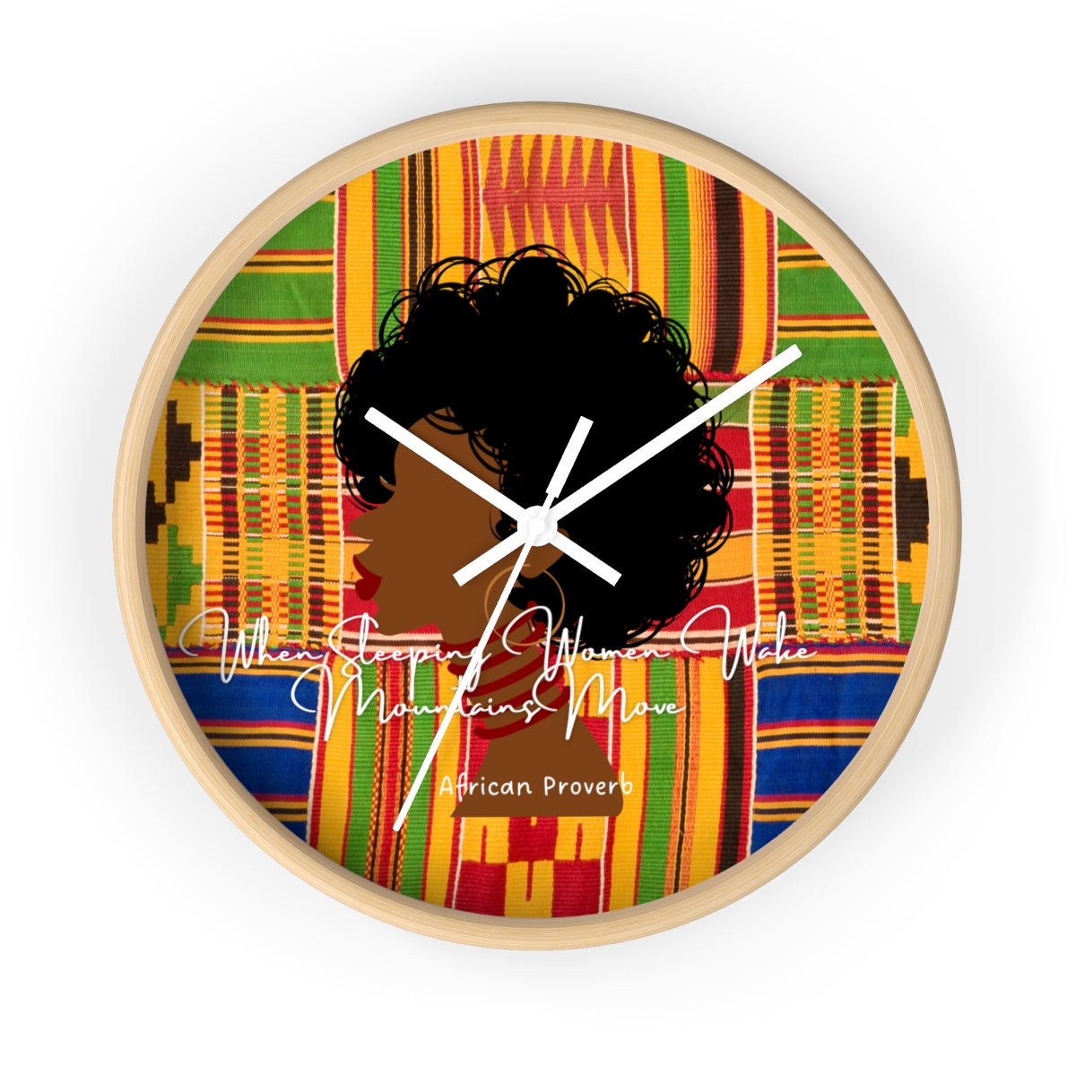 Afro Lady Kente Print Green Wall Clock