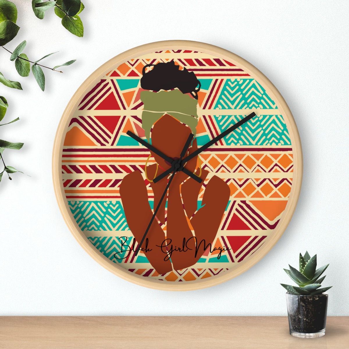 African Lady Green Head Band African Print Wall Clock