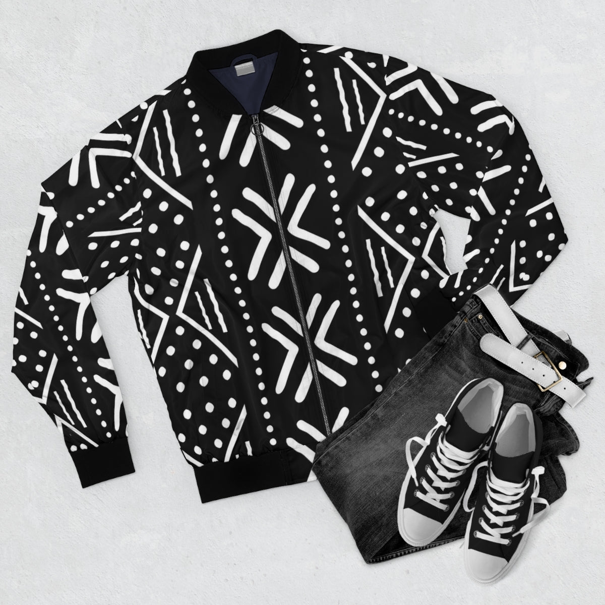 Mudcloth Black and White Print Bomber Jacket