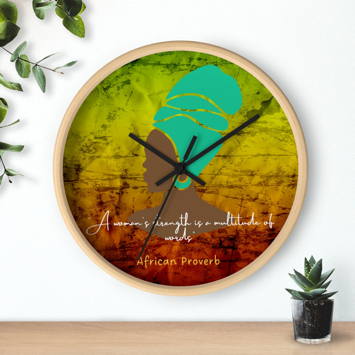 African Woman Green Turban Tie and Dye Wall Clock