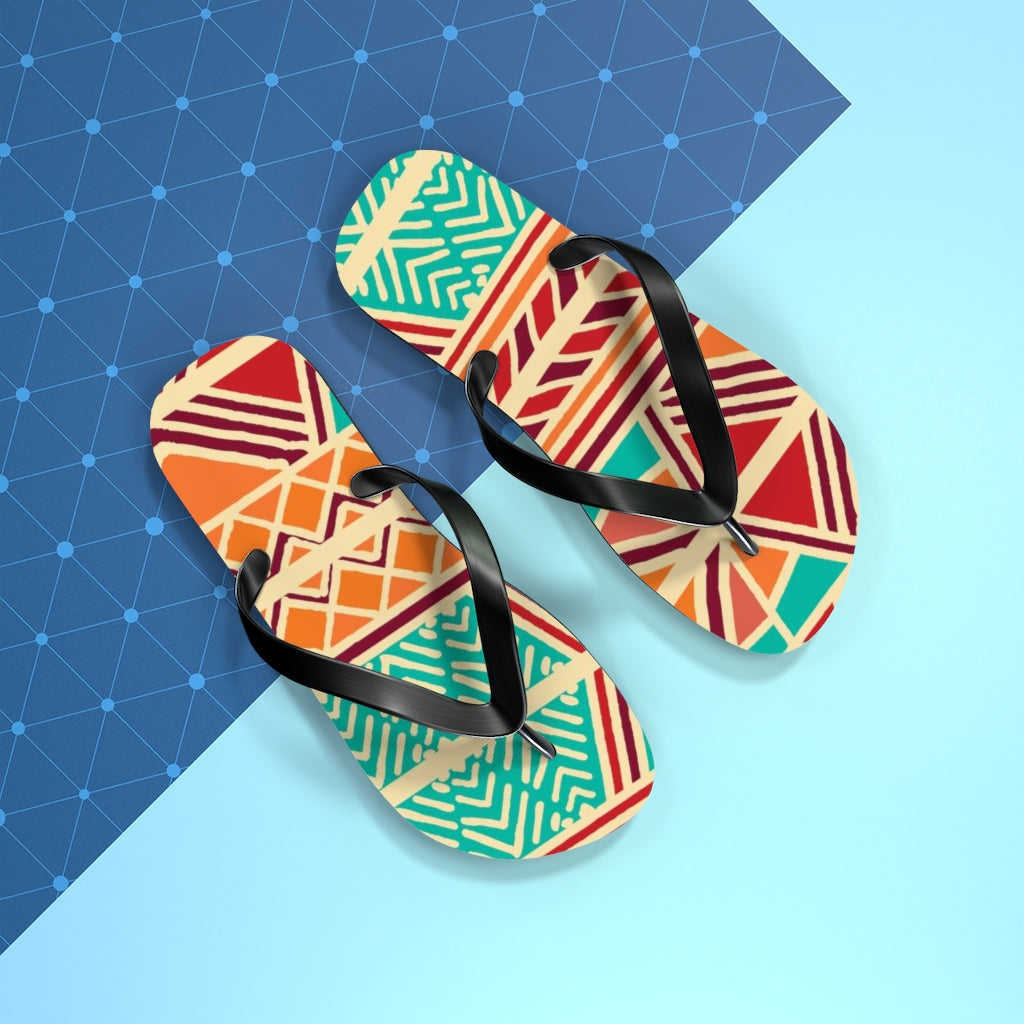 African Print Orange Green Flip Flops