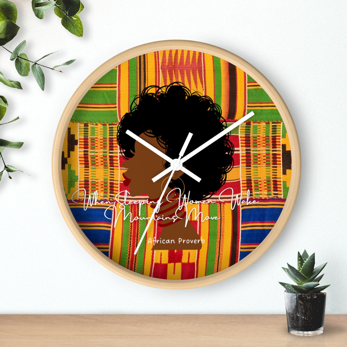 Afro Lady Kente Print Green Wall Clock
