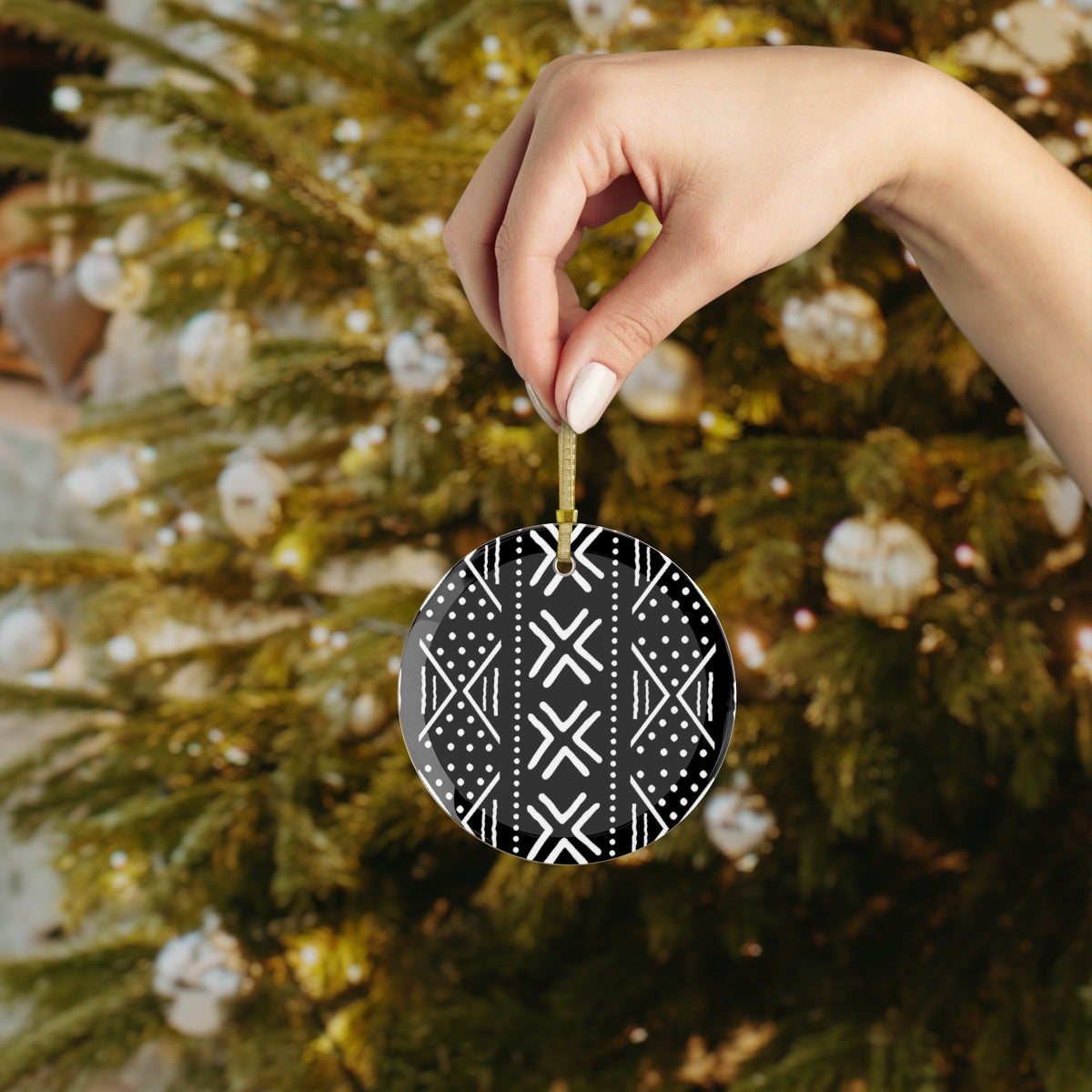 Black Mudcloth Glass Ornament