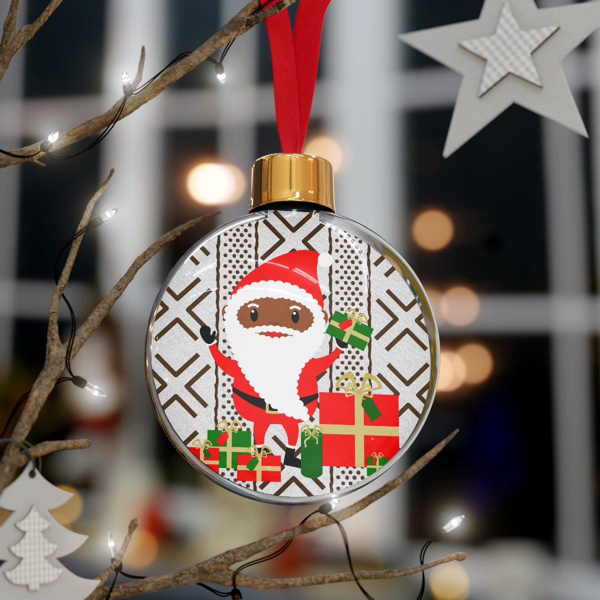 Black Santa With Presents Round Christmas Ornament