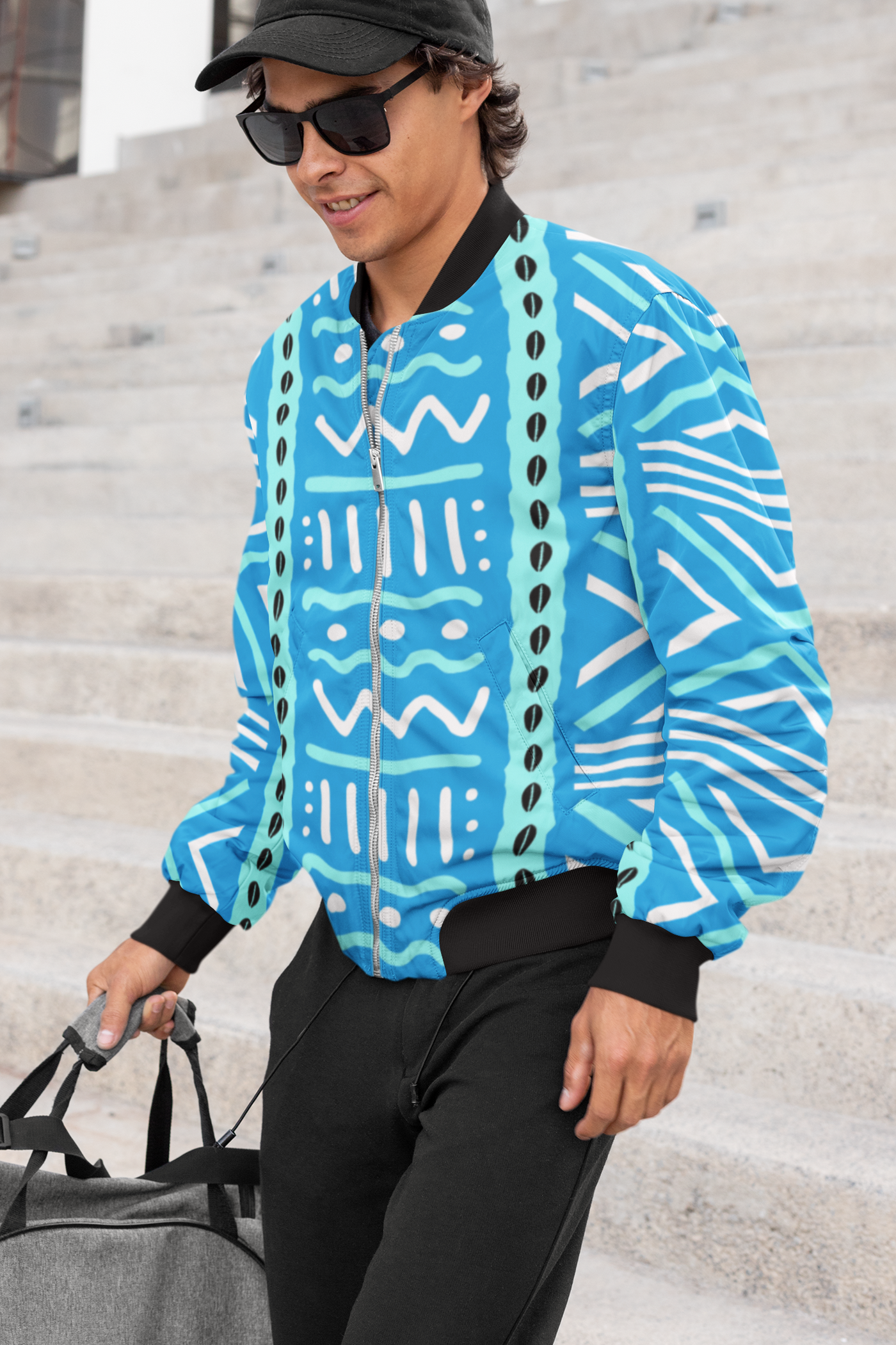 Mudcloth Blue and White Print Bomber Jacket