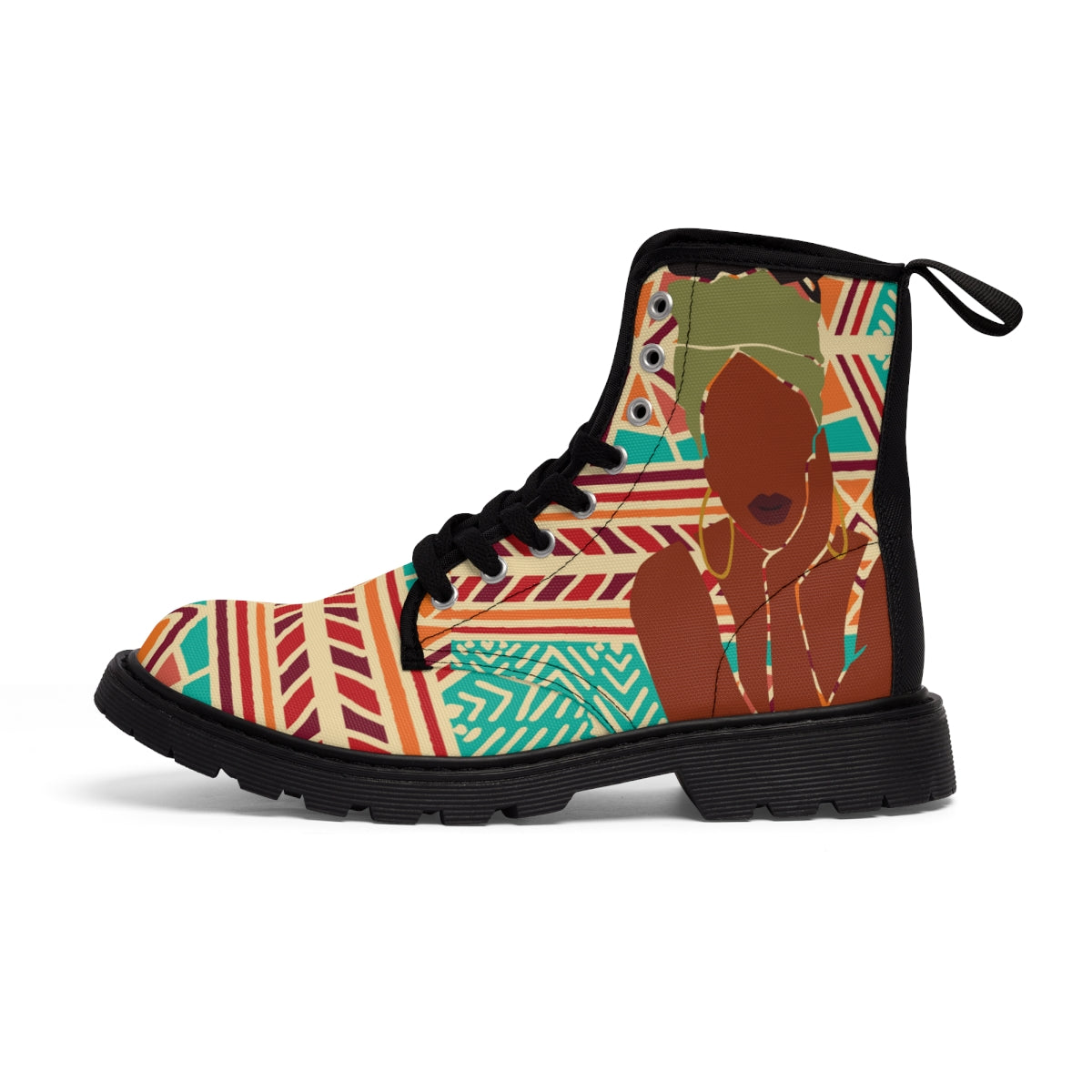 African Print Green and Orange Women's Canvas Boots